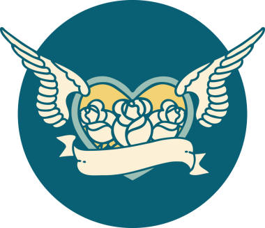 Bir insan tarafından çizilmiş çiçek ve bayrak ile uçan bir kalbin ikonik dövme görüntüsü