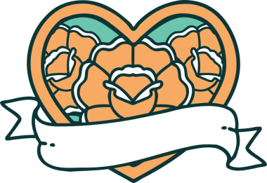 İkonik dövme stili bir kalp ve bir insan tarafından çizilmiş çiçekli pankart.