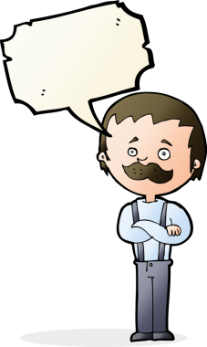 Bir insan tarafından çizilmiş konuşma balonlu bıyıklı bir çizgi film adamı.