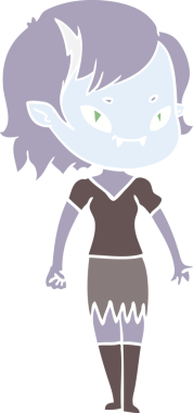 Bir insan tarafından çizilmiş düz renkli çizgi film arkadaş canlısı vampir kız.