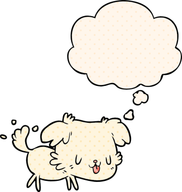 Çizgi roman tarzında bir insan tarafından çizilmiş düşünce balonu olan çizgi film köpeği.