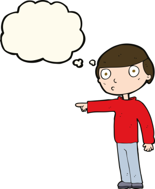 Bir insan tarafından çizilen düşünce baloncuğuyla işaret eden çizgi film adamı.