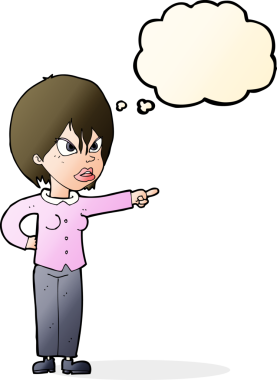 Bir insan tarafından çizilmiş düşünce baloncuğuyla suçlanan çizgi film kadını.