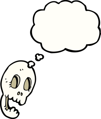 Bir insan tarafından çizilmiş düşünce baloncuklu komik bir kafatası.