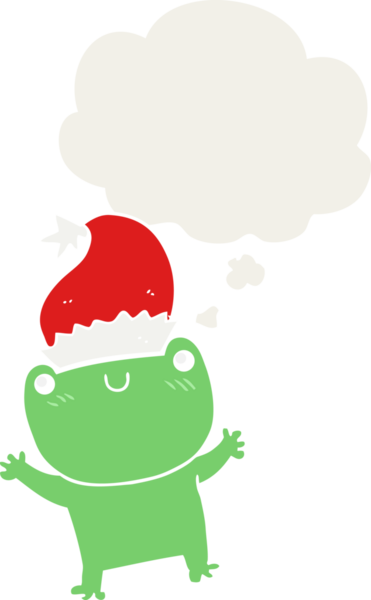 Bir insan tarafından çizilmiş düşünce baloncuklu Noel şapkası takan sevimli bir kurbağa.