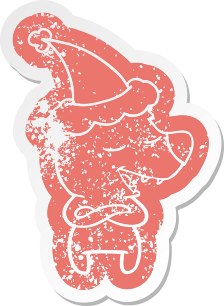 Bir insan tarafından çizilmiş Noel Baba şapkası takan bir ayının hüzünlü çizgi filmi.