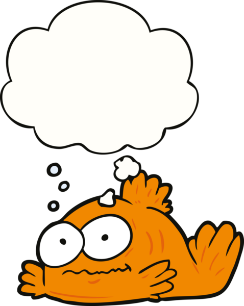 Bir insan tarafından çizilmiş düşünce balonlu Japon balığı çizgi filmi.