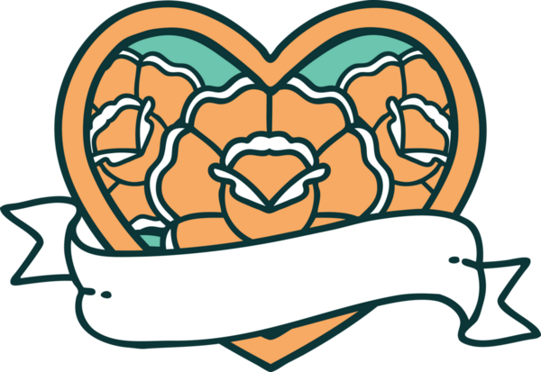 İkonik dövme stili bir kalp ve bir insan tarafından çizilmiş çiçekli pankart.