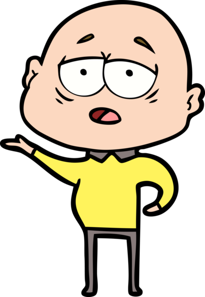 Bir insan tarafından çizilmiş yorgun, kel bir adam.