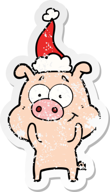 Mutlu el, insan tarafından çizilmiş Noel Baba şapkası takan bir domuzun kederli çıkartması.