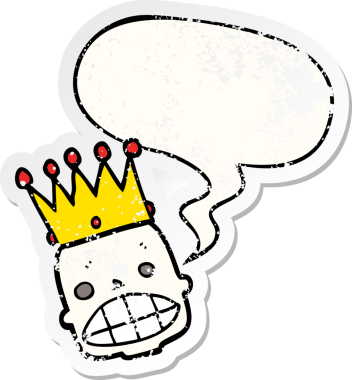 Sözcük baloncuklu kafatası suratlı karikatür. Bir insan tarafından çizilmiş sıkıntılı eski bir çıkartma.