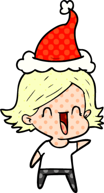 Bir insan tarafından çizilmiş Noel Baba şapkası giyen mutlu bir kadının el çizimi çizgi roman tarzı çizimi.