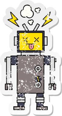 Bir insan tarafından çizilmiş arızalı bir robot çizgi film çıkartması.