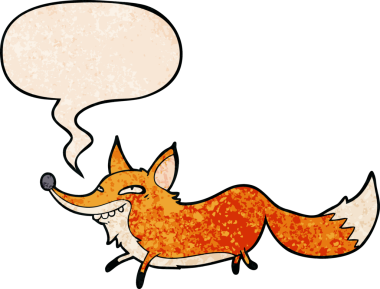 Tatlı çizgi film sinsi tilki konuşma baloncuğu ile retro doku tarzı bir insan tarafından çizilmiş