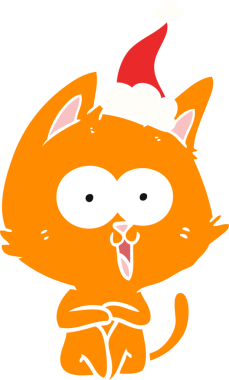 Bir insan tarafından çizilmiş Noel Baba şapkası takan bir kedinin düz renk çizimi.