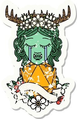 Ağlayan ork barbar karakterli bir yüzün grunge çıkartması. Bir insan tarafından çizilmiş doğal bir D20 rulo.