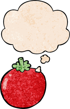 Düşünce baloncuklu çizgi film domatesi. Bir insan tarafından çizilmiş grunge desen tarzı.