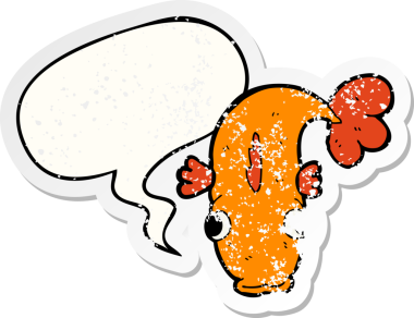 Konuşma baloncuğu olan çizgi film balıkları bir insan tarafından çizilmiş sıkıntılı eski bir çıkartma