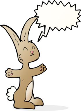 Bir insan tarafından çizilmiş konuşma balonlu çizgi film tavşanı.
