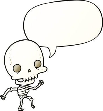 Hoş bir çizgi film dans iskeleti, konuşma baloncuğu ile bir insan tarafından çizilmiş yumuşak bir gradyan stili.