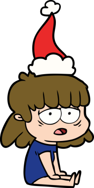 Bir insan tarafından çizilmiş Noel Baba şapkası giyen yorgun bir kadının el çizimi.