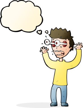 Bir insan tarafından çizilmiş düşünce baloncuğuyla dehşete düşmüş bir adam.