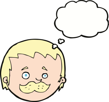 Bir insan tarafından çizilmiş düşünce baloncuklu bıyıklı çizgi film adamı.