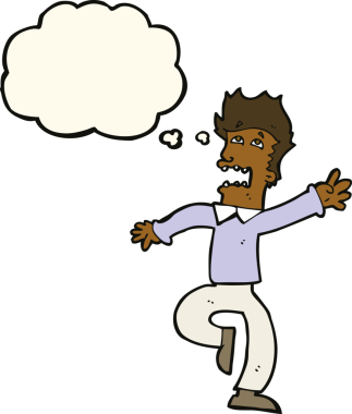 Bir insan tarafından çizilen düşünce baloncuğuyla panikleyen çizgi film adamı.