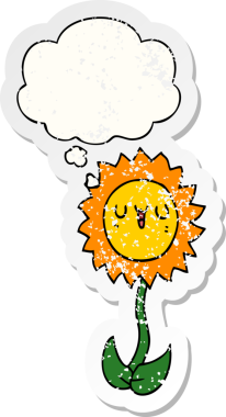 Düşünce baloncuğu olan karikatür çiçeği insan tarafından çizilmiş yıpranmış bir çıkartma gibi.