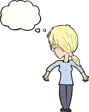 Bir insan tarafından çizilmiş düşünce baloncuğuyla omuz silken çizgi film kadını.