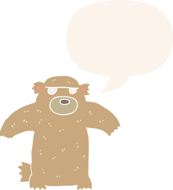 Bir insan tarafından çizilmiş eski tarz konuşma baloncuğu olan çizgi film ayısı.