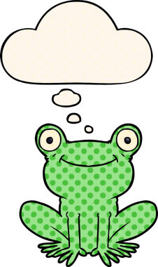 Çizgi roman tarzında düşünce baloncuğu olan çizgi film kurbağası.