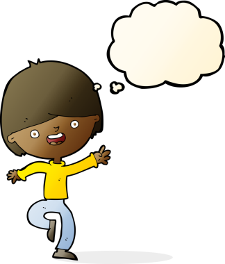 Bir insan tarafından çizilmiş düşünce baloncuğuyla dans eden mutlu çocuk.