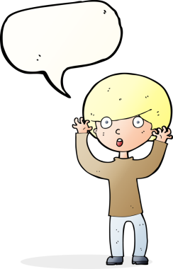 Bir insan tarafından çizilmiş konuşma balonuyla ürkmüş bir çocuk.