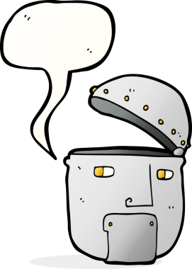 bir insan tarafından çizilmiş konuşma balonlu robot kafası.