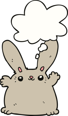 Bir insan tarafından çizilmiş düşünce kabarcığı olan çizgi film tavşanı.