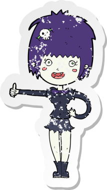 Bir insan tarafından çizilmiş işaret veren vampir kız çizgi filminin gerilimli yapıştırması.