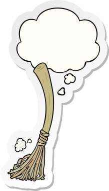 Düşünce baloncuklu sihirli süpürge insan tarafından çizilmiş bir çıkartma.