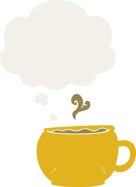 Düşünce baloncuklu çizgi film kahve fincanı insan tarafından çizilmiş.