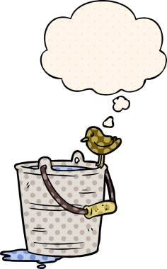 Bir insan tarafından çizilmiş çizgi roman tarzında düşünce baloncuğu olan bir kova su.