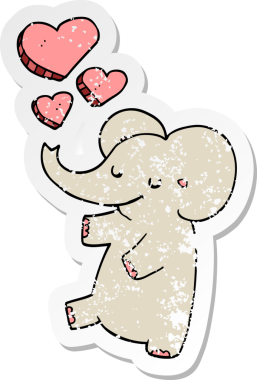 Bir insan tarafından çizilmiş aşk dolu kalpleri olan karikatür filinin hüzünlü çıkartması.