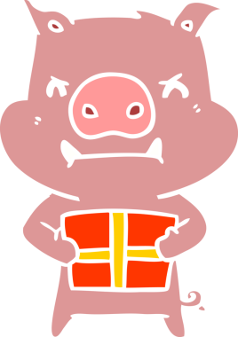 Kızgın düz renkli çizgi film domuzu. Bir insan tarafından çizilmiş Noel hediyesi.