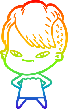 Gökkuşağı gradyan çizimi. Hipster saç kesimi bir insan tarafından çizilmiş şirin bir çizgi film kızı.