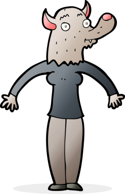 Çizgi film dostu kurtadam kadın bir insan tarafından çizilmiş.