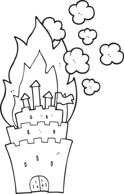 Bir insan tarafından çizilmiş siyah beyaz karikatür yanan kale.