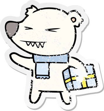 Kızgın kutup ayısı karikatürünün sıkıntılı çıkartması. Bir insan tarafından çizilmiş xmas.