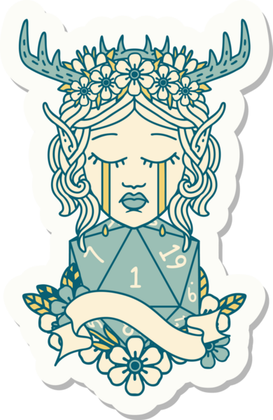 Ağlayan bir Elf Druid karakterinin çıkartması. Doğal bir insan tarafından çizilmiş.