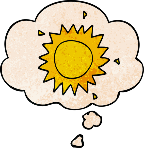 Bir insan tarafından çizilmiş grunge desenli düşünce baloncuklu çizgi film güneşi.