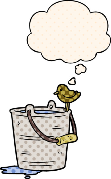 Bir insan tarafından çizilmiş çizgi roman tarzında düşünce baloncuğu olan bir kova su.