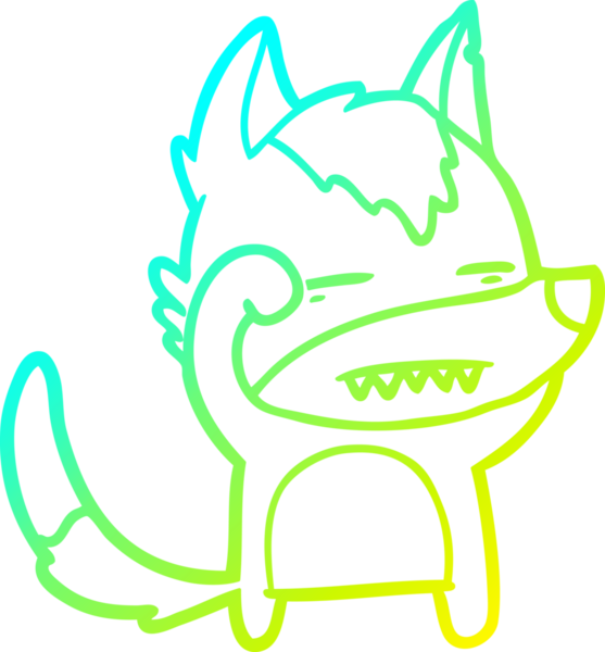 Bir insan tarafından çizilmiş dişleri gösteren çizgi bir kurt çizimi.